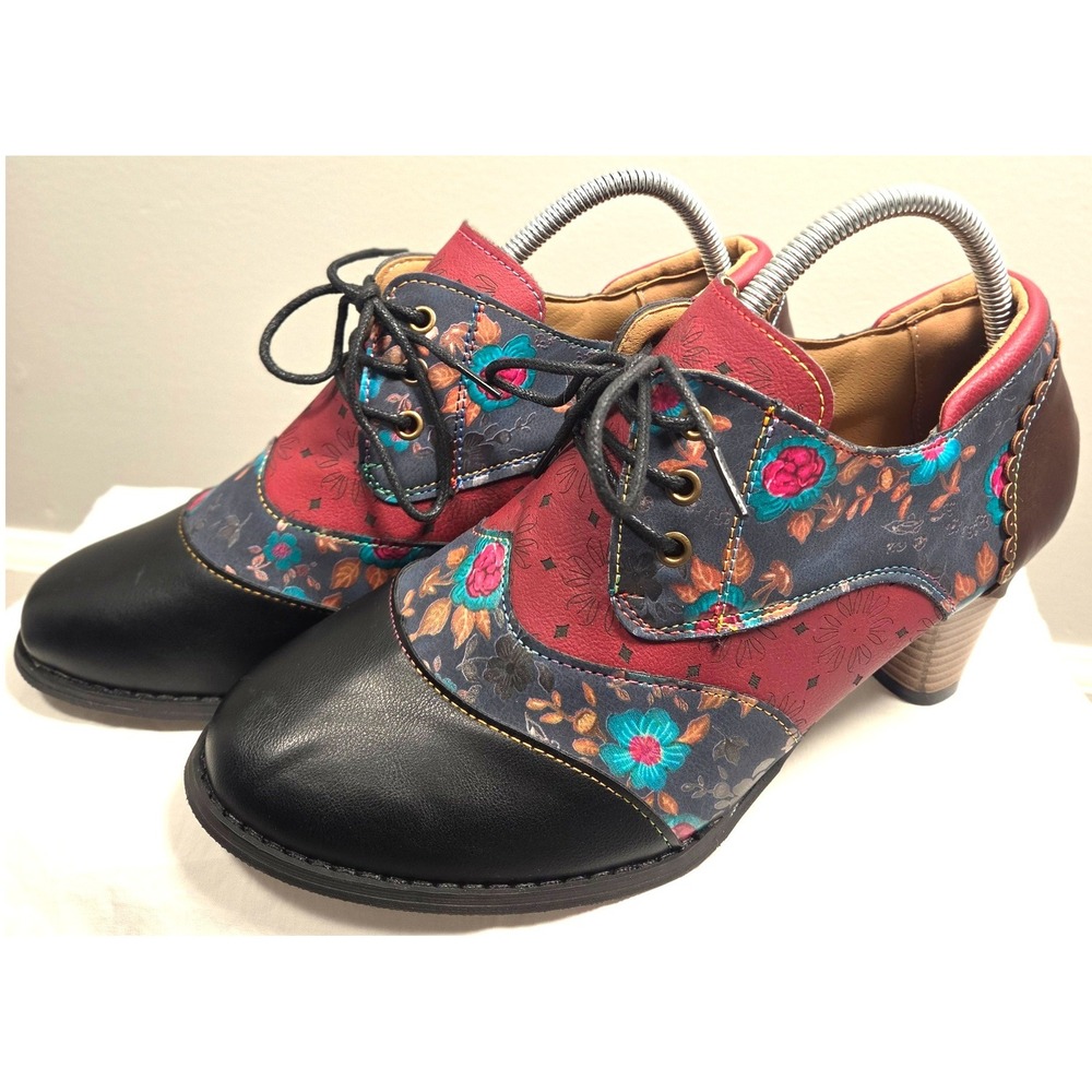 Floral Whimsigoth Witchy Fairy goth Patchwork Lace Up Oxford Heels Wingtip Sz 42